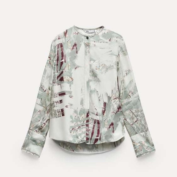 Zara ZW Collection Printed Tied Shirt Blouse Green Burgundy Mulicolored Small - Picture 6 of 11